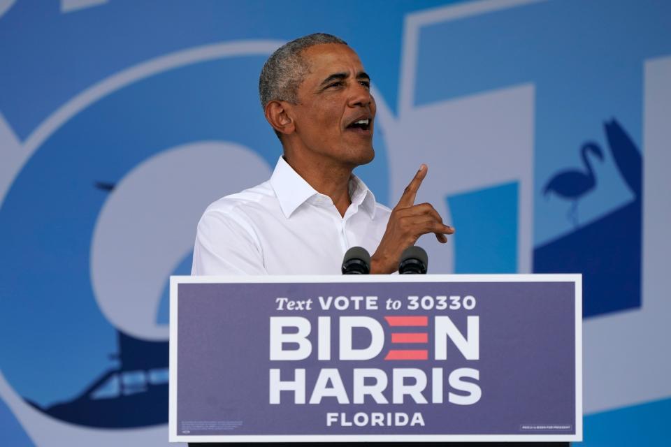 Former President Barack Obama speaks as he campaigns for Democratic presidential candidate former Vice President Joe Biden at Florida International University, Saturday, Oct. 24, 2020, in North Miami, Fla.