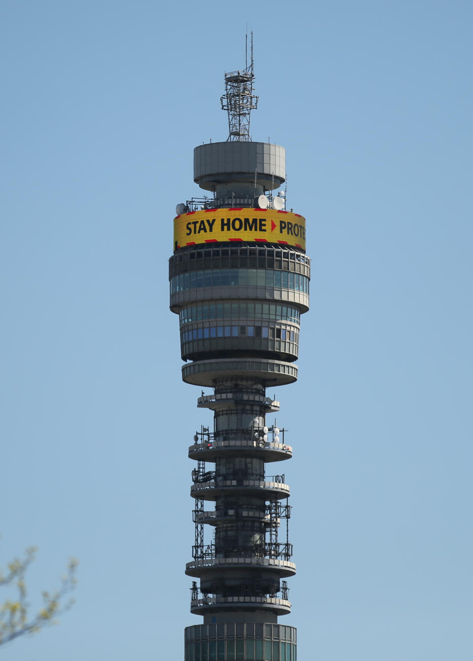 The BT tower screens a message encouraging people to stay at home, as the UK continues in lockdown to help curb the spread of the coronavirus