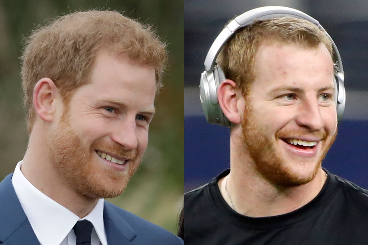 Prince Harry and Philadelphia Eagles Carson Wentz seriously look like they’re brothers, and even the Eagles think so. (AP)