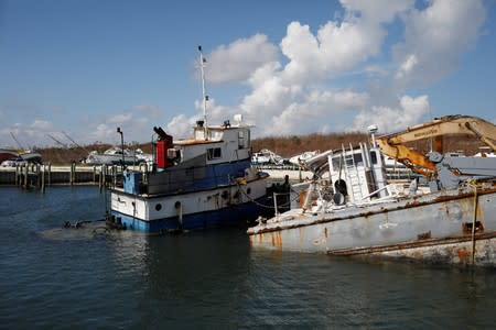 Destroyed boats are seen at a marina after Hurricane Dorian hit the Abaco Islands in Marsh Harbour