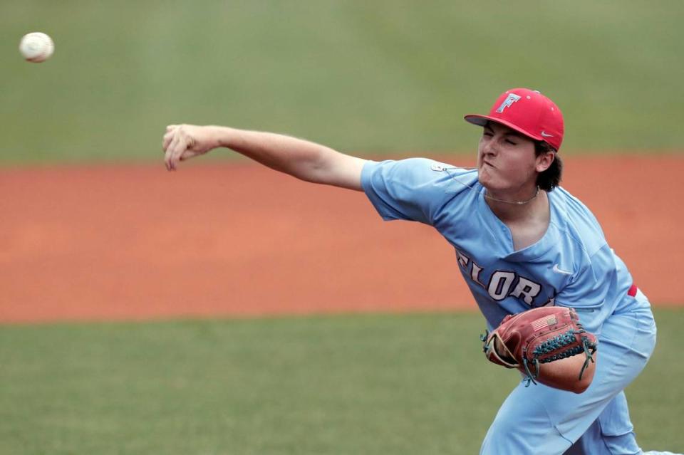 AC Flora’s Grant Loggins pitches to James Island on Tuesday, June 1, 2021.