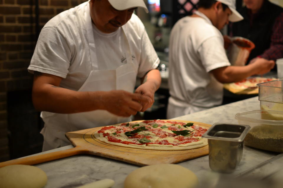 <p>Try: <a href="http://www.julianaspizza.com/about">Juliana's Pizza</a>,&nbsp;right under the Brooklyn Bridge!</p>