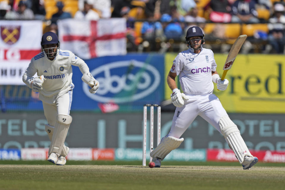 England's Joe Root bats on the third day of the fifth and final test match between England and India in Dharamshala, India, Saturday, March 9, 2024. (AP Photo /Ashwini Bhatia)