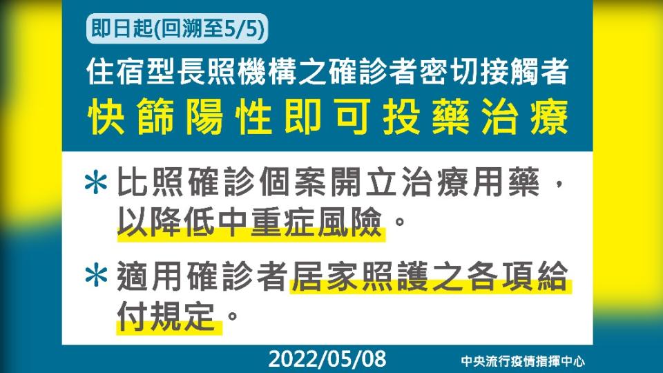 住宿型長照機構之確診者密切接觸者快篩陽性即可投藥治療。（圖／中央流行疫情指揮中心）