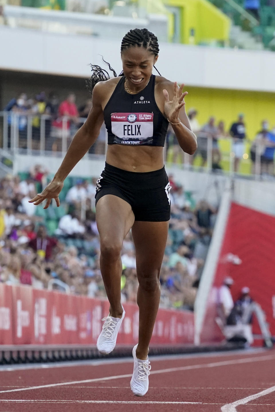 Allyson Felix finishes in second place in the women's 400-meter run at the U.S. Olympic Track and Field Trials Sunday, June 20, 2021, in Eugene, Ore. (AP Photo/Ashley Landis)