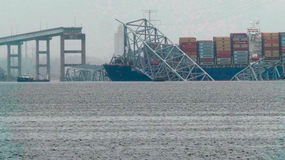 PHOTO: A container ship rests against the wreckage of the Francis Scott Key Bridge Mar. 28, 2024, in Baltimore. (Matt Rourke/AP, FILE)