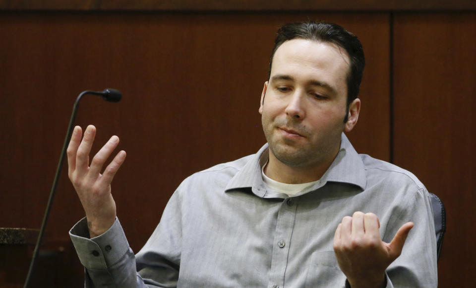 William Hoehn testifies Thursday, Sept. 27, 2018, in District Court, in Fargo, N.D.,, during his trial for conspiracy to commit murder of Savanna LaFontaine-Greywind, a 22-year-old who's baby was cut from her womb. ( Michael Vosburg/The Forum via AP, Pool)