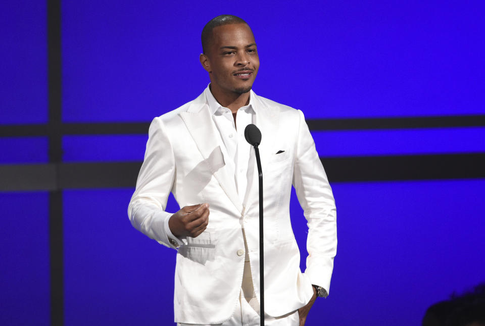 Tip "T.I." Harris presents the humanitarian award at the BET Awards on Sunday, June 23, 2019, at the Microsoft Theater in Los Angeles. (Photo by Chris Pizzello/Invision/AP)