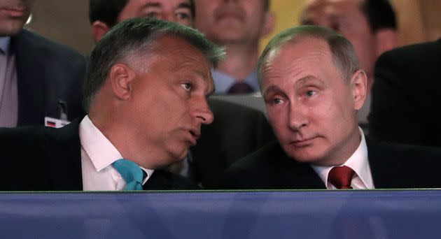 Russian President Vladimir Putin, right, talks to Hungarian Prime Minister Viktor Orban, left, at the World Judo Championships in Budapest, Hungary, Monday, Aug. 28, 2017. (AP Photo/Petr David Josek)