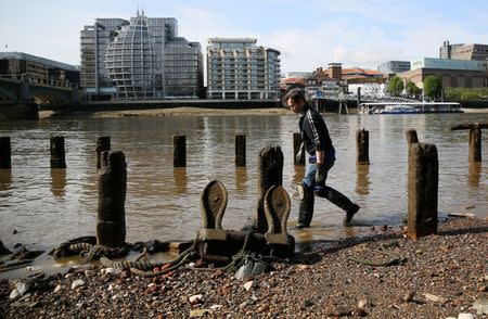 Mudlark Jason Sandy looks for items on the bank of the River Thames in London, Britain May 22, 2016. REUTERS/Neil Hall