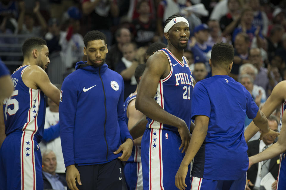 Jahlil Okafor (second from left) has become the odd man out of the 76ers’ big-man rotation. (Getty)
