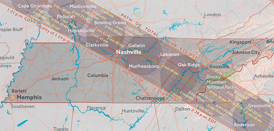 The closer to the center line, the longer the moment of totality. Gallatin was looking good. (greatamericaneclipse.com)