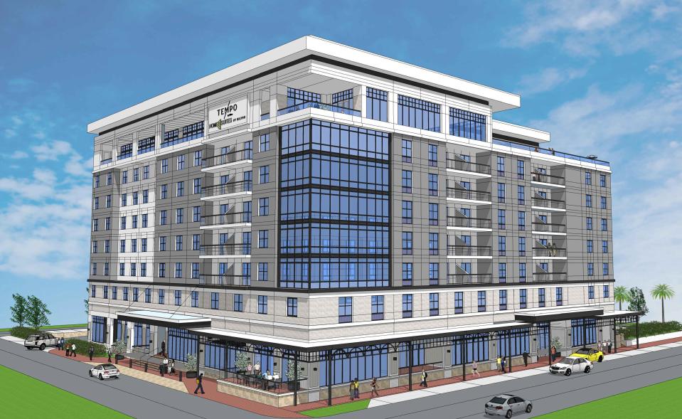 A rendering shows an updated conceptual design of a proposed nine-story hotel at 600 S. Palafox St.