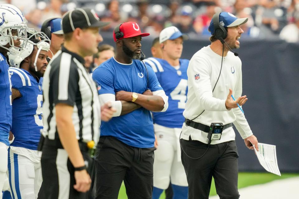 Indianapolis Colts head coach Shane Steichen yells from the sideline Sunday, Sept. 17, 2023, during a game against the Houston Texans at NRG Stadium in Houston