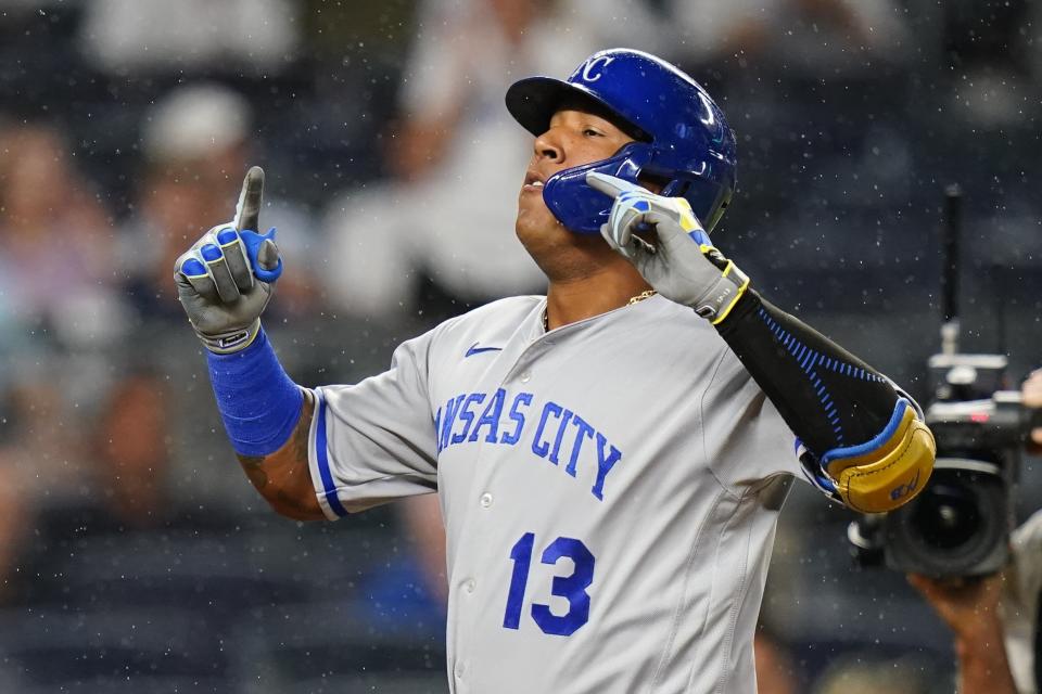 Kansas City Royals' Salvador Perez gestures after hitting a three-run home run during the fifth inning of a baseball game against the New York Yankees, Friday, July 29, 2022, in New York. (AP Photo/Frank Franklin II)