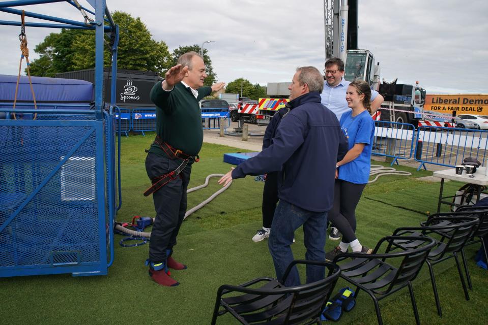 Liberal Democrat leader Sir Ed Davey before taking part in a bungee jump during a visit to Eastbourne Borough Football Club in East Sussex, while on the General Election campaign trail. Picture date: Monday July 1, 2024.