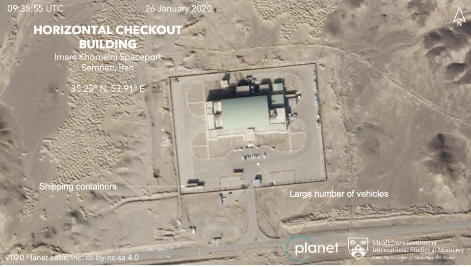This Jan. 26, 2020, satellite image from Planet Labs Inc. that has been annotated by experts at the James Martin Center for Nonproliferation Studies at Middlebury Institute of International Studies shows activity at the Imam Khomeini Space Center in Iran's Semnan province. Iranian officials and satellite images suggest the Islamic Republic is preparing to launch a satellite into space after three major failures last year, the latest for a program which the U.S. claims helps Tehran advance its ballistic missile program. (Planet Labs Inc. Middlebury Institute of International Studies via AP)