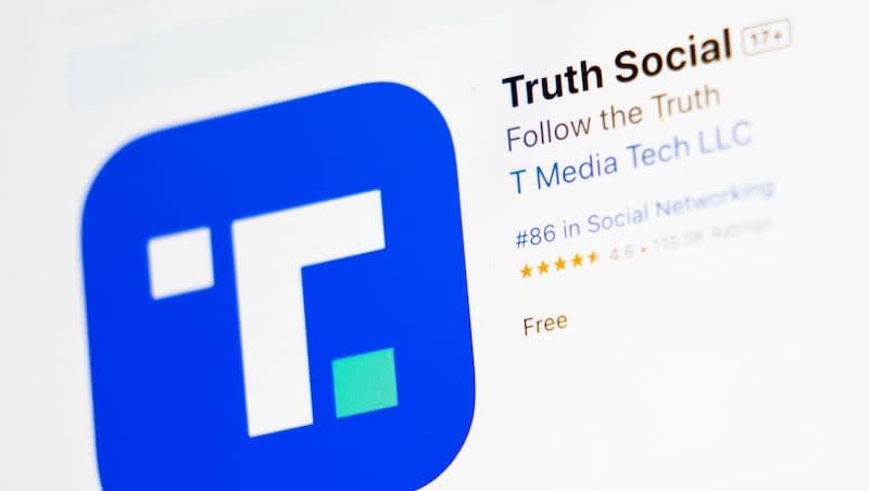 The download screen for the Truth Social app is seen on a laptop computer, Wednesday, March 20, 2024, in New York. Shareholders of Digital World Acquisition Corporation approved a merger with Donald Trump’s parent company — which owns the social media platform.
