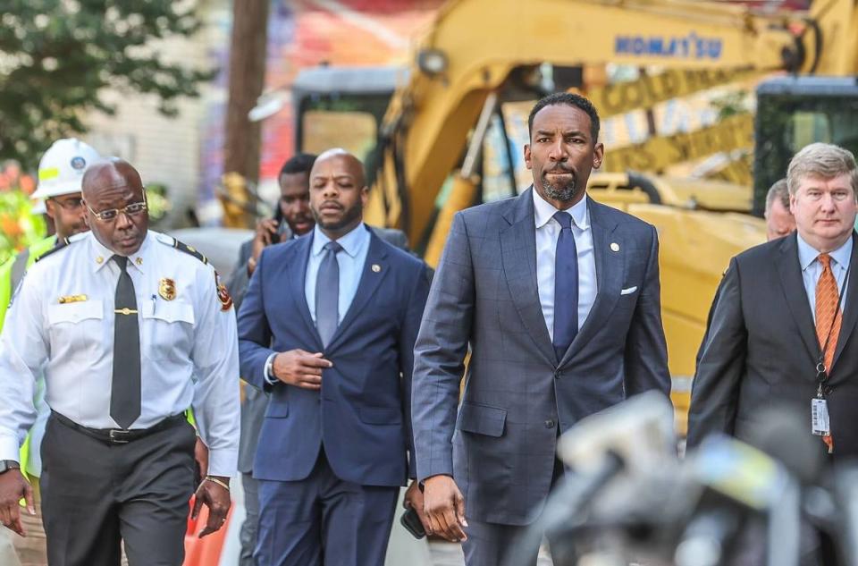 Mayor Andre Dickens was on the scene in Atlanta of the water main breaks but did not take questions at a press conference.