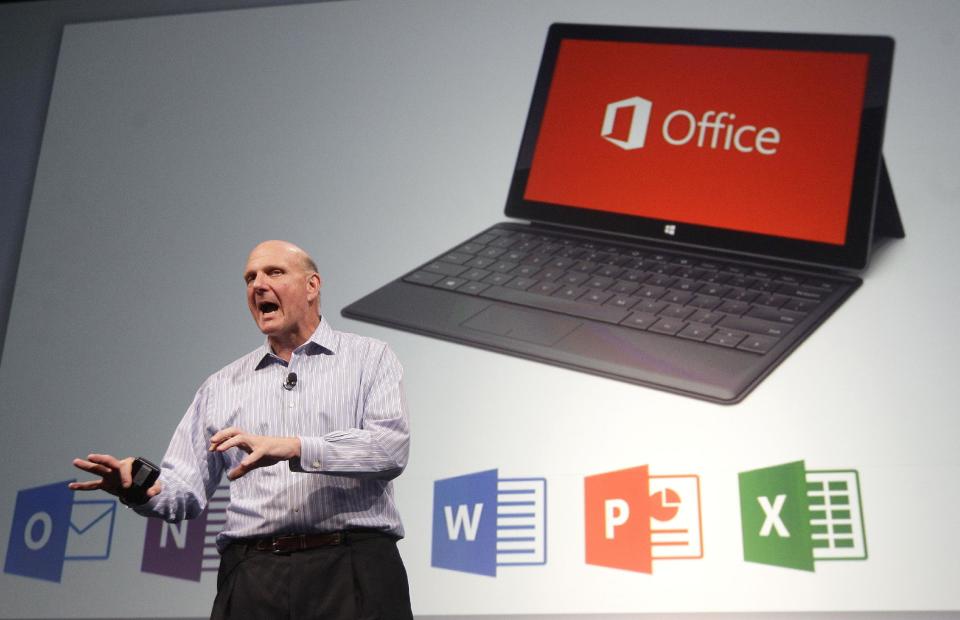 Microsoft CEO Steve Ballmer speaks at a Microsoft event in San Francisco, Monday, July 16, 2012. Microsoft unveiled a new version of its widely used, lucrative suite of word processing, spreadsheet and email programs Monday, one designed specifically with tablet computers and Internet-based storage in mind. (AP Photo/Jeff Chiu)