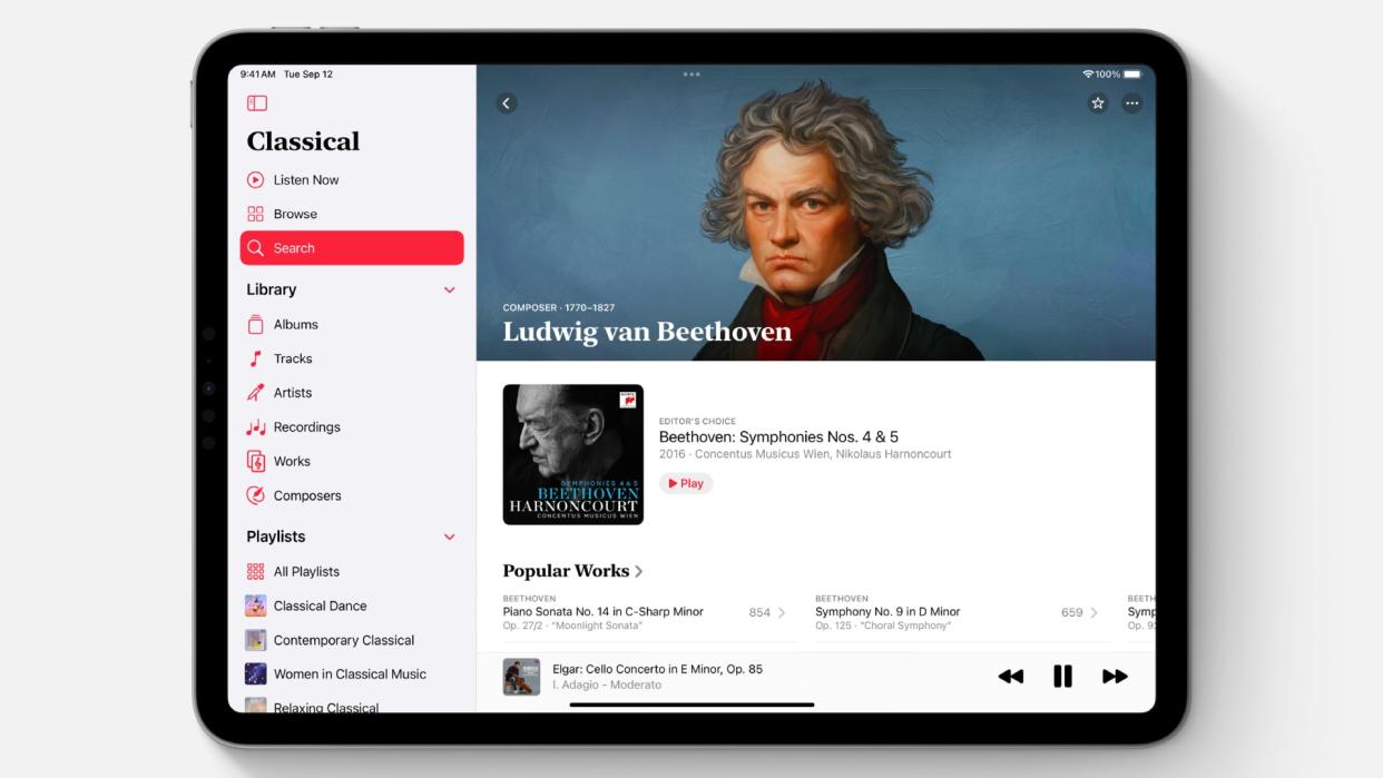  Apple Music Classical running on an iPad, showing the user interface of the app with library items like playlists and artists in the left-hand sidebar. 