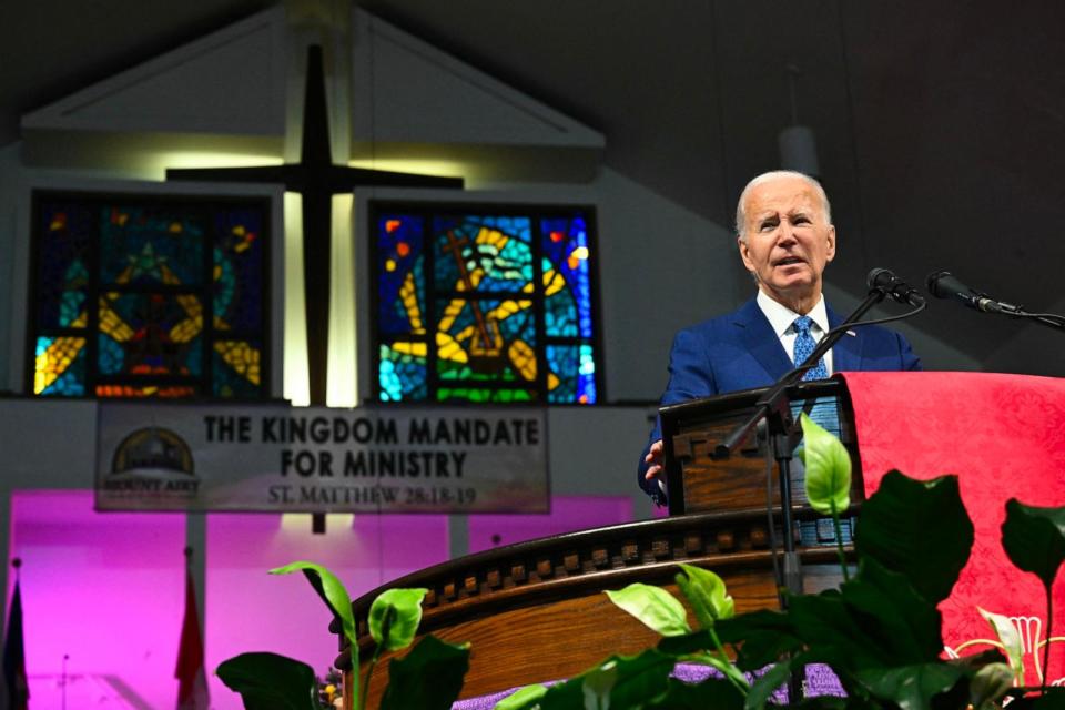 PHOTO: President Joe Biden speaks during a church service and campaign event at Mount Airy Church of God in Christ in Philadelphia, on July 7, 2024.  (Saul Loeb/AFP via Getty Images)