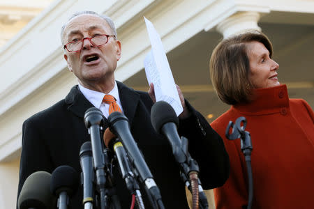 U.S. Senate Minority Leader Chuck Schumer (D-NY) and House Speaker designate Nancy Pelosi (D-CA) speak to reporters after meeting with U.S. President Donald Trump at the White House in Washington, U.S., December 11, 2018. REUTERS/Jonathan Ernst