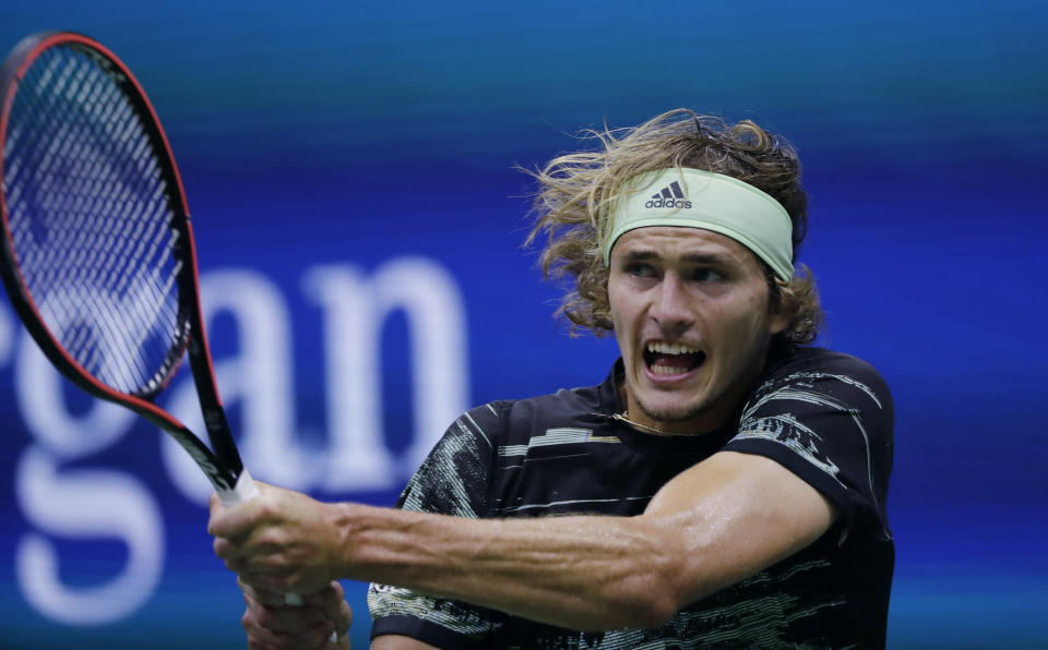 Alexander Zverev, of Germany, returns to Diego Schwartzman, of Argentina, during the fourth round of the US Open tennis championships Monday, Sept. 2, 2019, in New York. (AP Photo/Frank Franklin II)