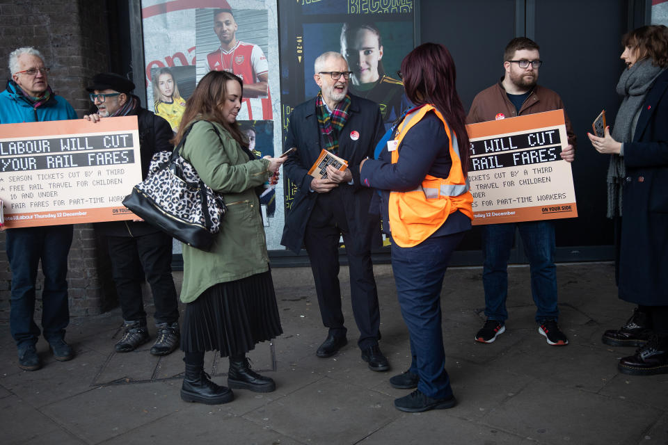 Labour leader, Jeremy Corbyn (centre) leafleting outside Finsbury Park station, London, whilst on the General Election campaign trail.