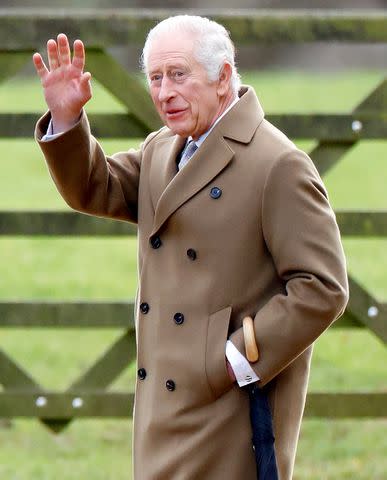 <p>Max Mumby/Indigo/Getty Images</p> King Charles attends church at St. Mary Magdalene on Jan. 7.