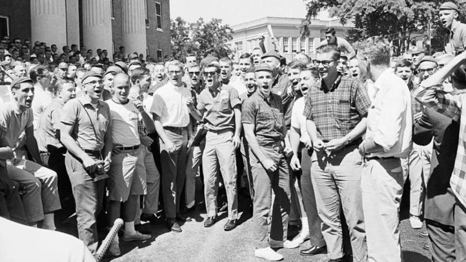 University of Mississippi students yell and scream in September 1962 during an on-campus demonstration shortly before James Meredith arrived in an integration attempt. Mississippi Gov. Ross Barnett refused to admit Meredith to Ole Miss. (Photo: Bettmann Archive/Getty Images)