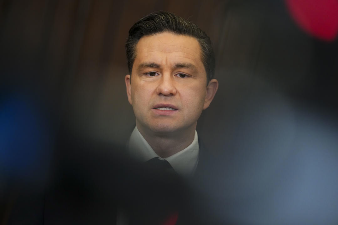 Conservative Leader Pierre Poilievre holds a press conference in the foyer of the House of Commons on Parliament Hill in Ottawa, Monday, Feb. 12, 2024. Poilievre says he believes 