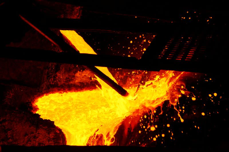 FILE PHOTO: Molten copper is poured at the KGHM copper and precious metals smelter processing plant in Glogow