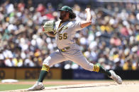 Oakland Athletics starting pitcher Sean Manaea delivers a pitch to a San Diego Padres batter in the first inning of a baseball game Wednesday, July 28, 2021, in San Diego. (AP Photo/Derrick Tuskan)