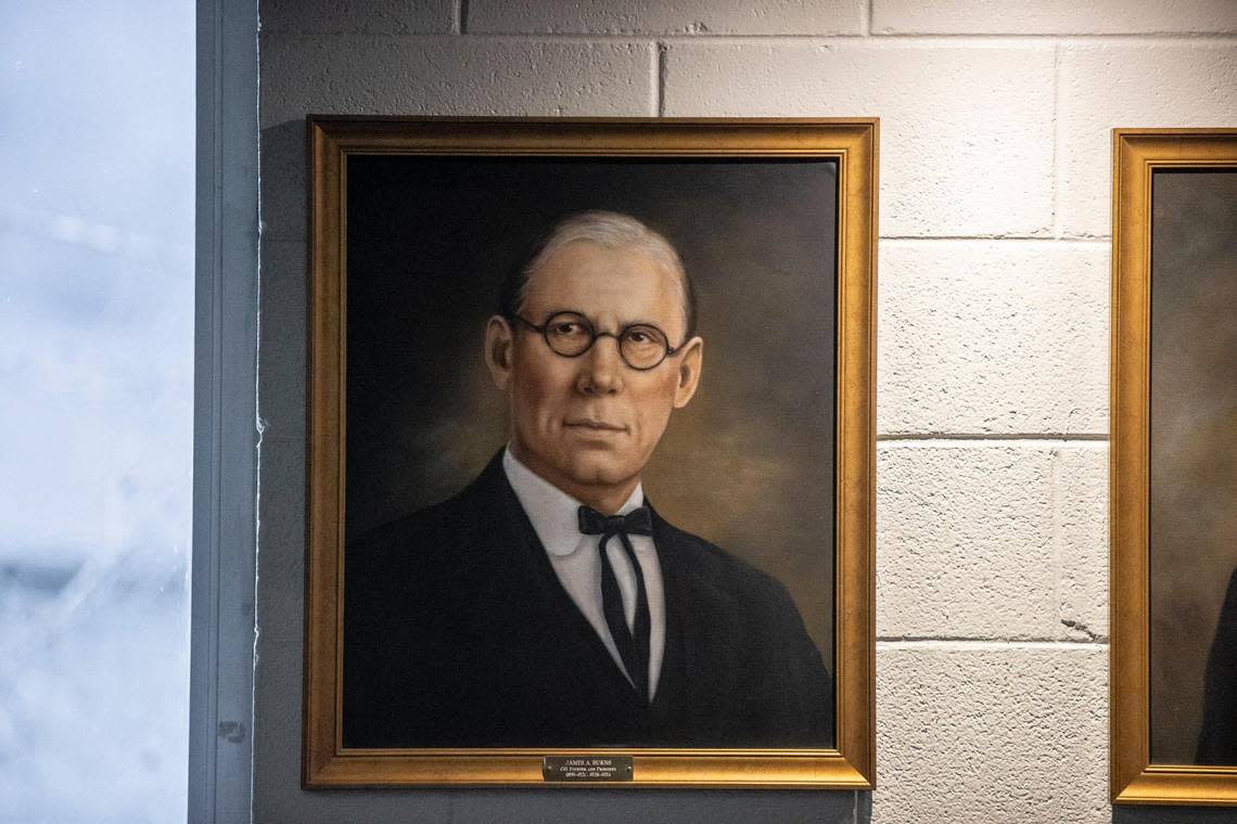 A portrait of Oneida Baptist Institute founder James A. Burns is displayed in the Davidson Chapel on the school’s campus in Oneida, Ky.