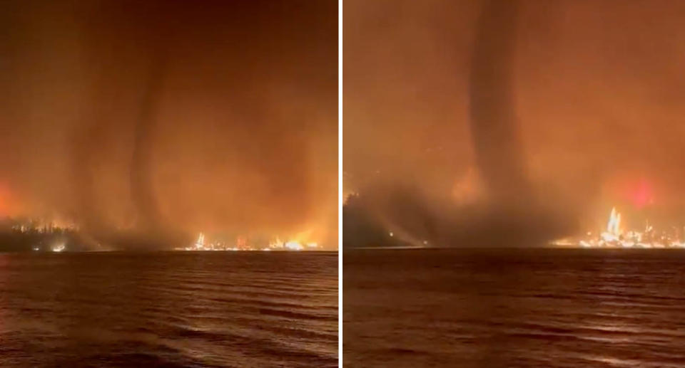 Two photos of a fire whirl, also known as a fire tornado, captured in British Columbia, Canada.