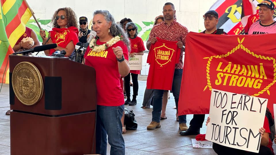 Tamara Paltin, who represents Lahaina on the Maui County Council, speaks at a news conference asking Hawaii Gov. Josh Green to delay plans to reopen a portion of West Maui to tourism. - Audrey McAvoy/AP