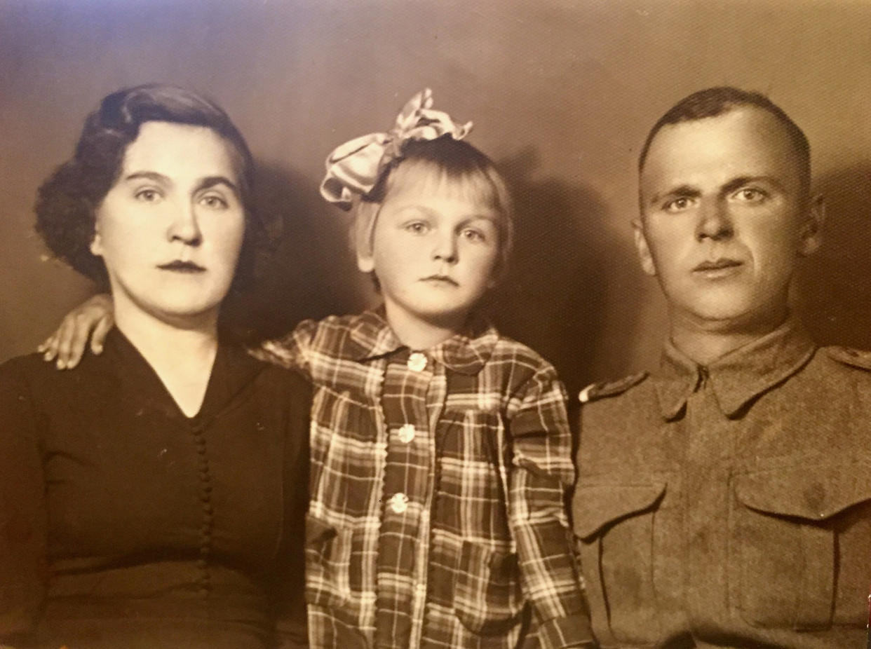 Marie Soltys with her parents after her deportation from Ukraine. (Courtesy Ania Wypijewski)
