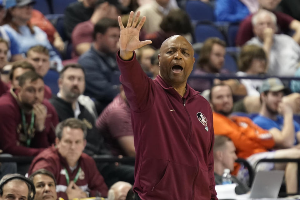 FILE - Florida State head coach Leonard Hamilton directs his team against Georgia Tech during the second half of an NCAA college basketball game at the Atlantic Coast Conference Tournament in Greensboro, N.C., Tuesday, March 7, 2023. Florida State missed the NCAA Tournament the last two seasons amid mounting injuries and a lack of depth — usually a strength under longtime coach Leonard Hamilton. (AP Photo/Chuck Burton, File)