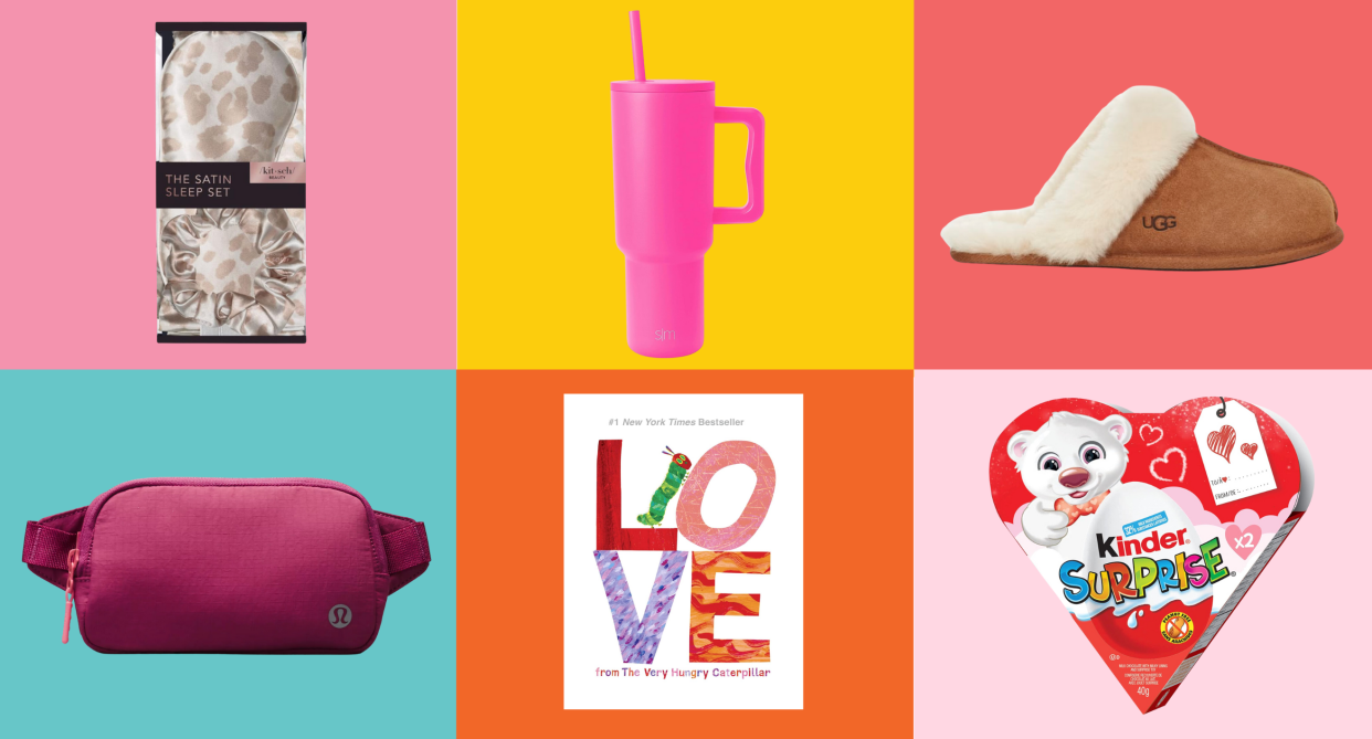 last minute valentine's day gifts for women, silk eye mask, water bottle stanley dupe, ugg slippers, lululemon mini belt bag, love children's book, kinder surprise valentine's day chocolates, Best last-minute Valentine's Day gift ideas (Photos via lululemon, UGG & Amazon).