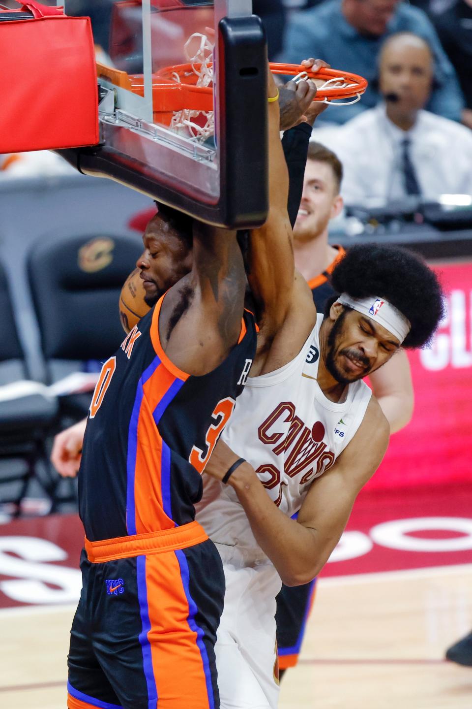 Cleveland Cavaliers center Jarrett Allen fouls New York Knicks forward Julius Randle in the fourth quarter of Game 2 on Tuesday night at Rocket Mortgage FieldHouse. (AP Photo/Ron Schwane)