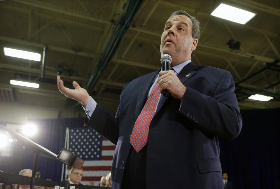 New Jersey Gov. Chris Christie addresses a gathering during a town hall meeting in Brick Township, N.J., Thursday, April 24, 2014. (AP Photo/Mel Evans)