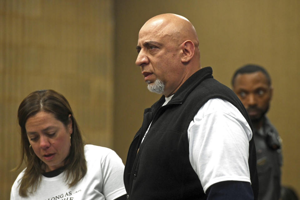 John Eisele, father of Nicholas Eisele, speaks during a sentencing hearing for Peter Manfredonia in Milford Superior Court, in Milford, Conn., Wednesday, April 19, 2022. Manfredonia was sentenced to 55 years in prison Wednesday for the 2020 murder of Eisele, a former high school classmate, in Derby, and then kidnapping his girlfriend, Shannon Spies. (Ned Gerard/Hearst Connecticut Media via AP, Pool)