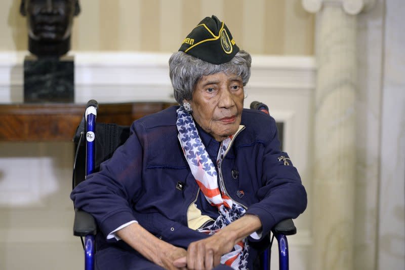 Emma Didlake, who was a private in the Women's Army Auxiliary Corps, visits the White House on July 17, 2015. On May 14, 1942, the U.S. Congress established the Women's Auxiliary Army Corps for World War II duty. File Pool Photo by Olivier Douliery/UPI