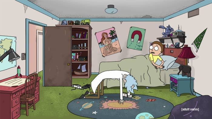 Morty's bedroom with the lights on and Rick drunk on his floor