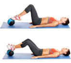 Lie face-up, arms by your sides, palms facing down. Bend your knees and place the balls of your feet on top of the ball, heels together and toes pointing slightly outward in a small V shape. Engage your core and contract your glutes to lift your hips a couple of centimetres off the floor, then roll the ball away from you until your heels are on the ball. Pause, then bend your knees to roll the ball back to the starting position. That’s one rep.