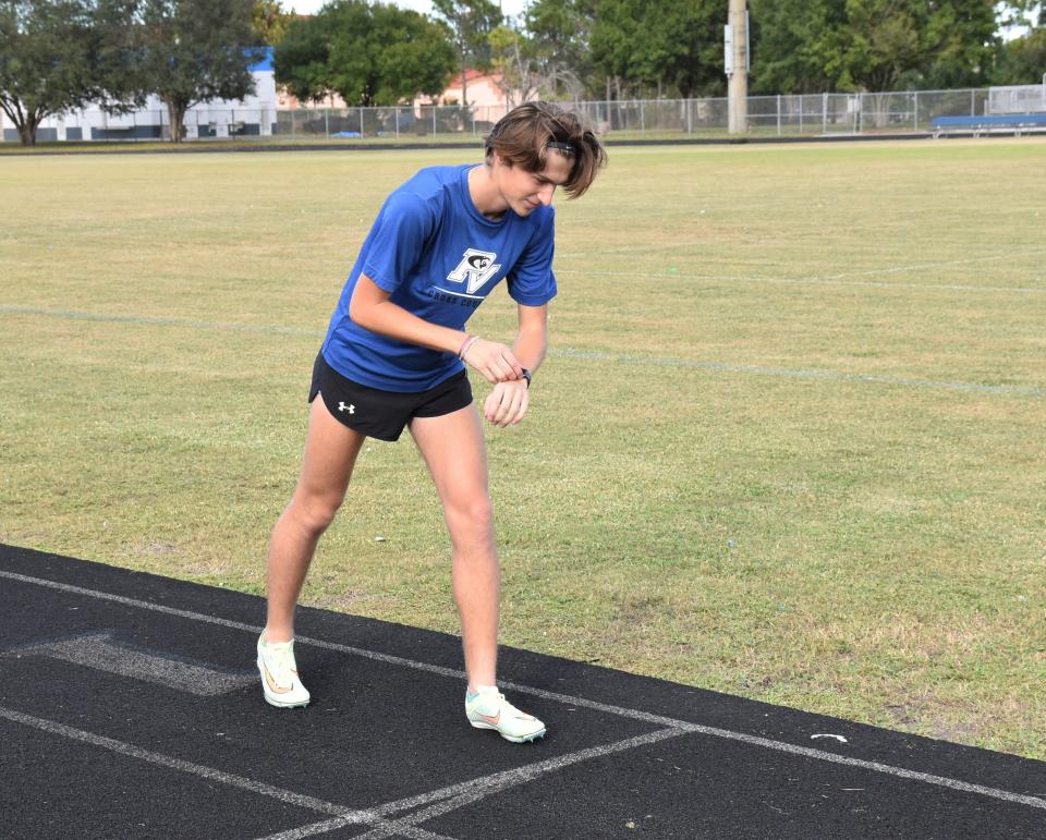 Park Vista's Collin Bevins takes his starting position before a practice run on Nov. 9, 2023.