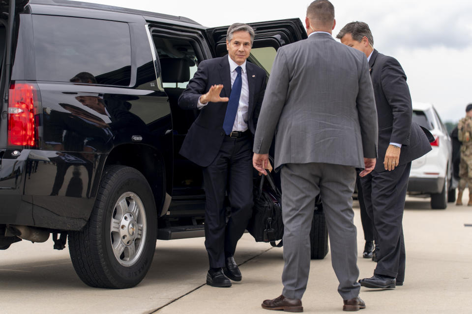 Secretary of State Antony Blinken boards his plane at Andrews Air Force Base, Md., Tuesday, June 22, 2021 to travel to Berlin Brandenburg Airport in Schonefeld, Germany. Blinken begins a week long trip to Europe traveling to Germany, France and Italy. (AP Photo/Andrew Harnik, Pool)