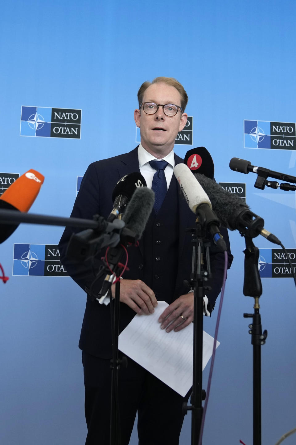 Sweden's Foreign Minister Tobias Billstrom speaks during a media conference at NATO headquarters in Brussels, Thursday, July 6, 2023. Senior officials from Sweden and Turkey arrived at NATO headquarters Thursday to examine Turkish President Recep Tayyip Erdogan's objections to the Nordic country joining the military alliance and to see what more, if anything, could be done to break the deadlock. (AP Photo/Virginia Mayo)