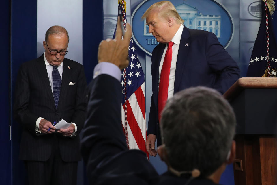 WASHINGTON, DC - JULY 02: U.S. President Donald Trump (R) leaves the podium after speaking to journalists with National Economic Council Director Larry Kudlow the Brady Press Briefing Room at the White House July 2, 2020 in Washington, DC. The president addressed reports that the economy added 4.8 million jobs in June and the unemployment rate fell to 11.1 percent. (Photo by Chip Somodevilla/Getty Images)